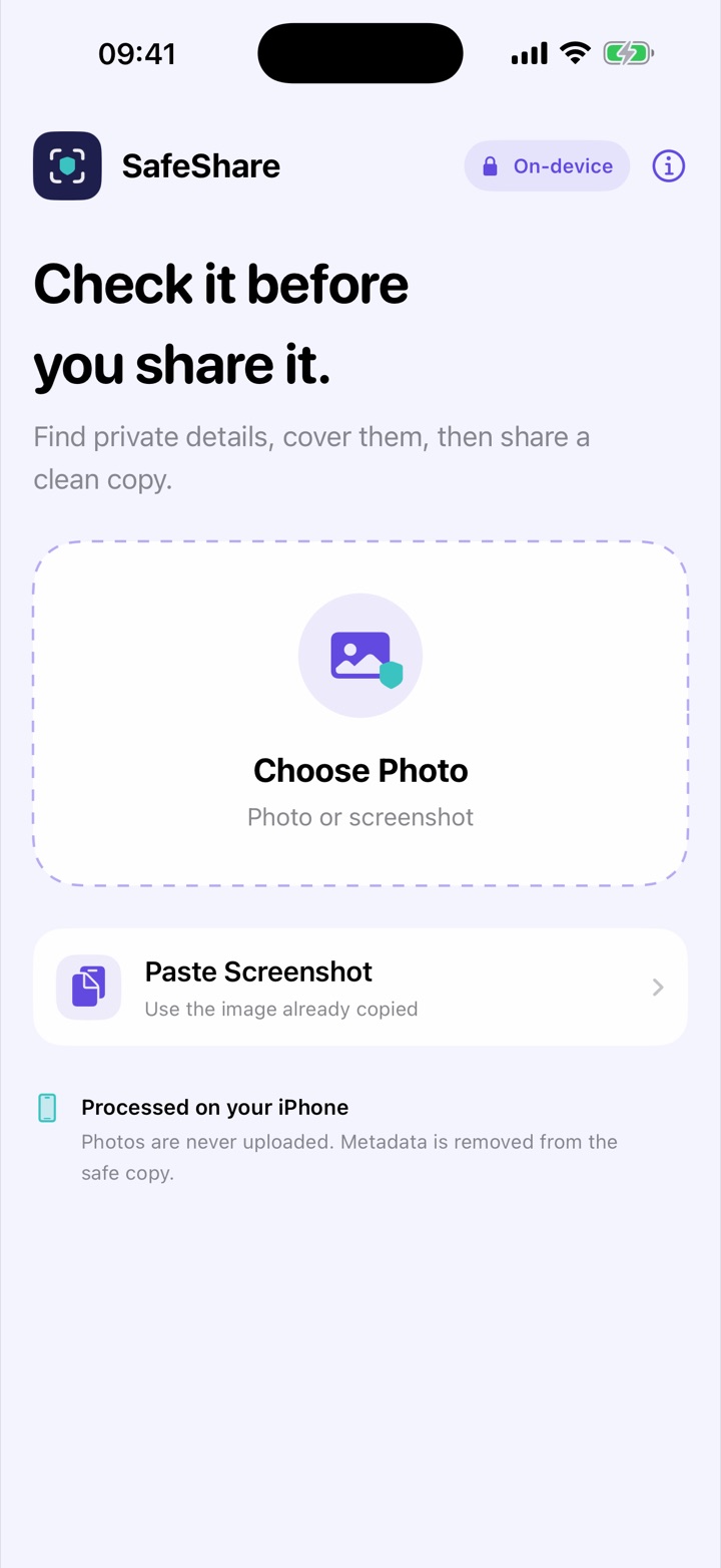 SafeShare iPhone home screen with Choose Photo and Paste Screenshot actions